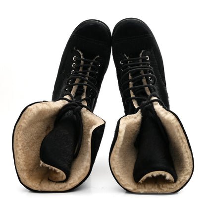 Chanel Suede Pony Hair Shearling Lace Up Combat Boots 37.5 Black White 2 of 10