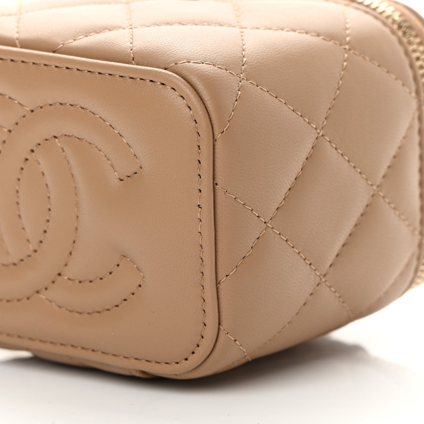 Lambskin Quilted Pearl Crush Mini Vanity Case With Chain Beige