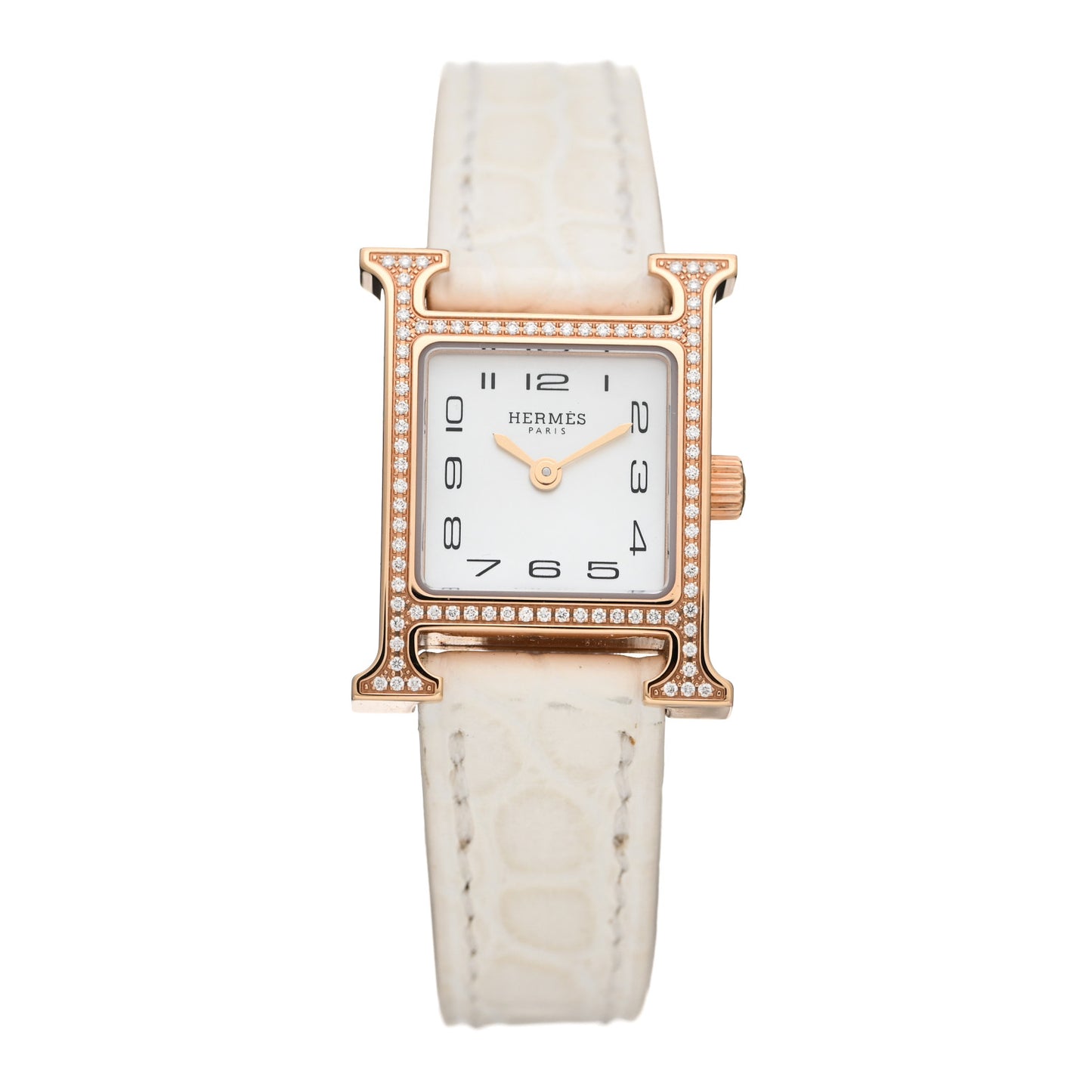 18K Rose Gold Alligator Diamond Bezel Mother of Pearl 17.2mm Heure H Hour Quartz Watch Blanc