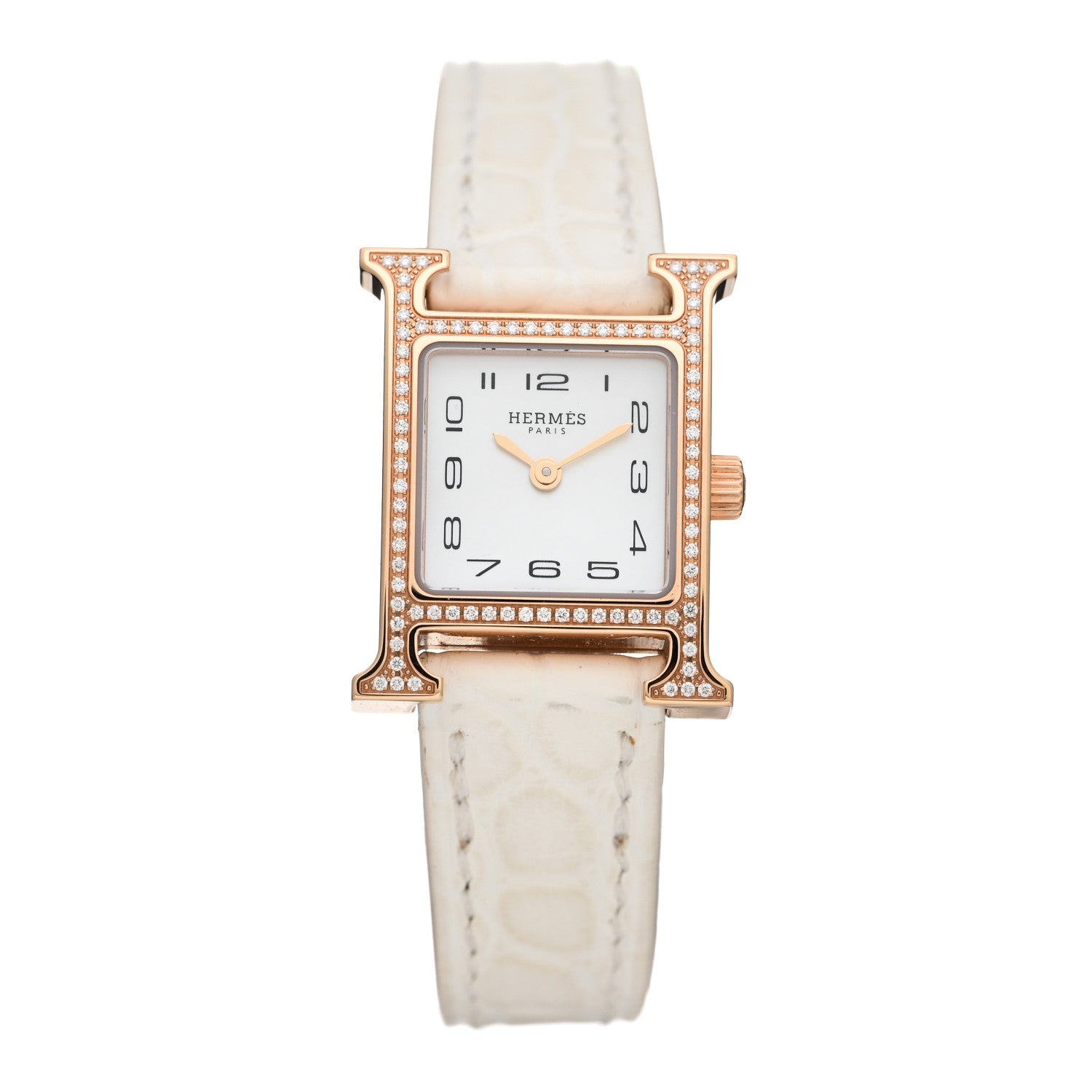 Hermes 18K Rose Gold Alligator Diamond Bezel Mother of Pearl 17.2mm Heure H Hour Quartz Watch Blanc 1 of 5