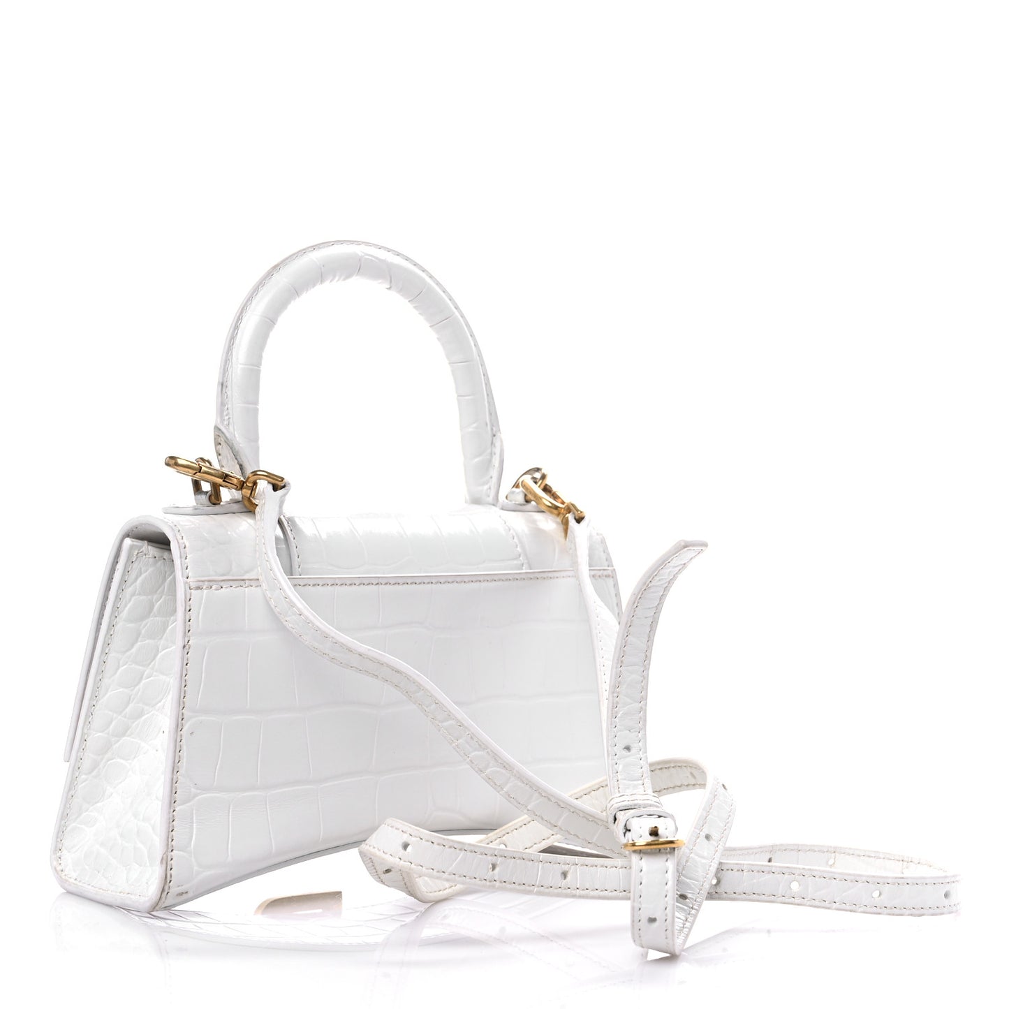 Shiny Calfskin Crocodile Embossed Hourglass Top Handle Bag XS White