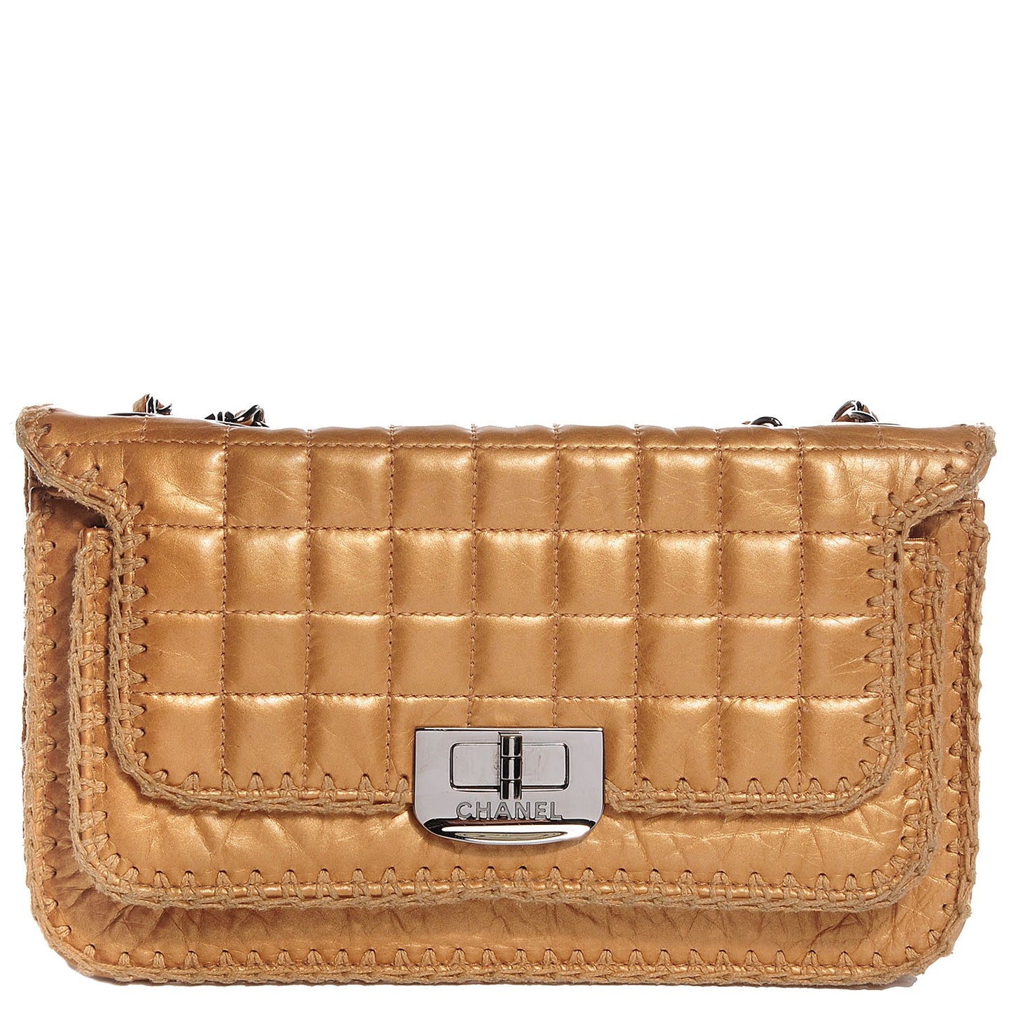 Calfskin Square Quilted Mademoiselle Crochet Flap Beige Fonce