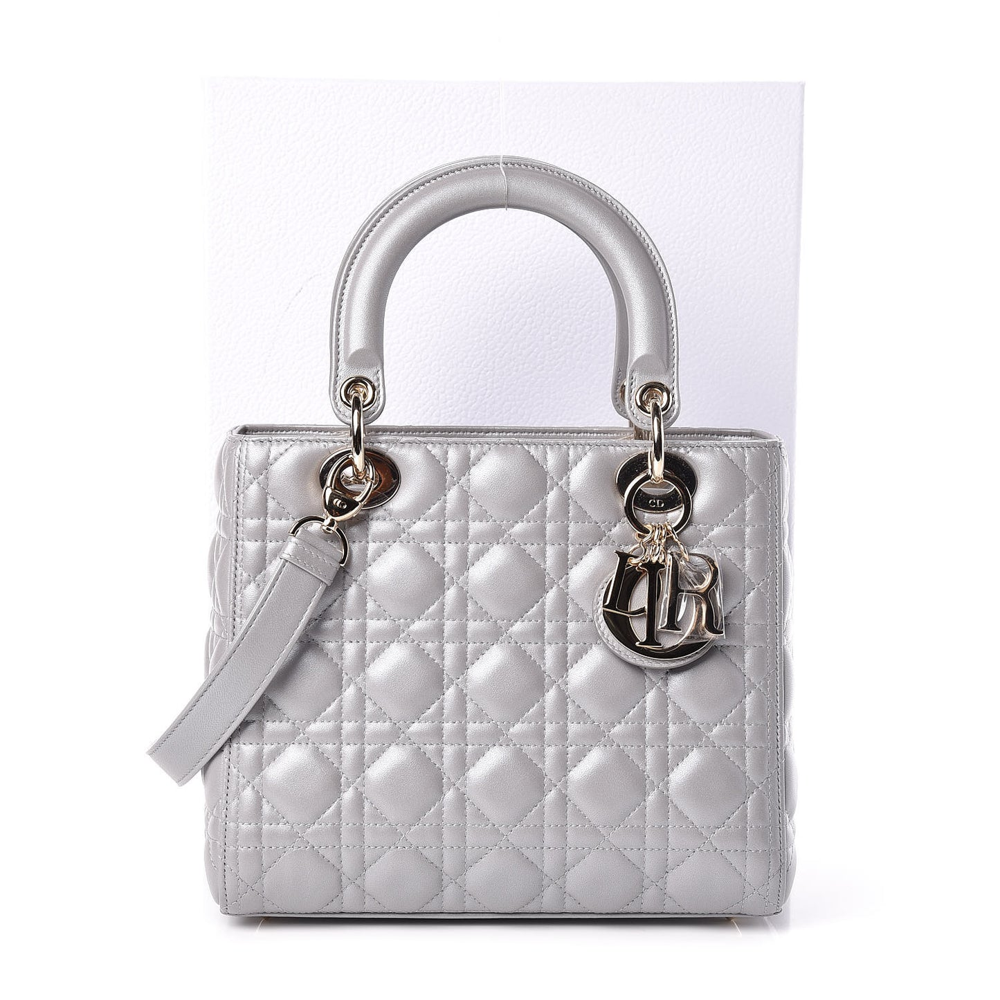 Pearly Lambskin Cannage Medium Lady Dior Grey