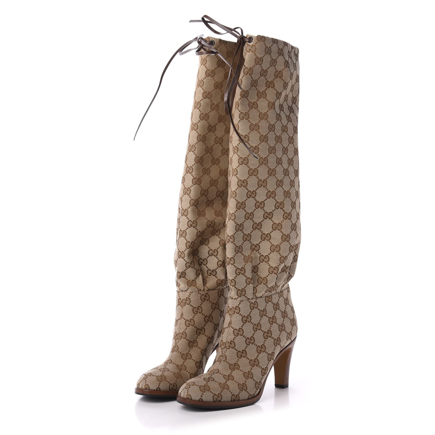 Gucci Monogram Lisa Mid Heel Boots 37 Beige Ebony 3 of 7