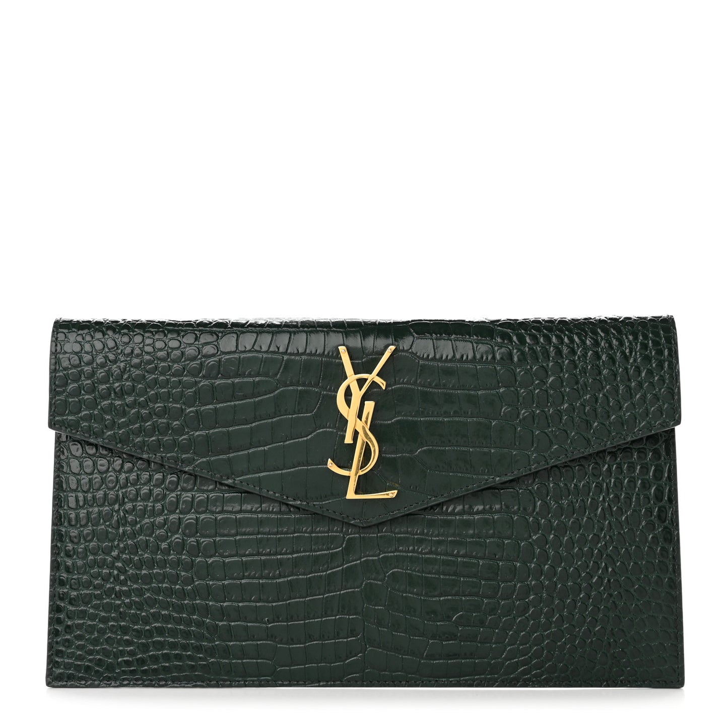 Calfskin Crocodile Embossed Uptown Monogram Clutch Dark Green