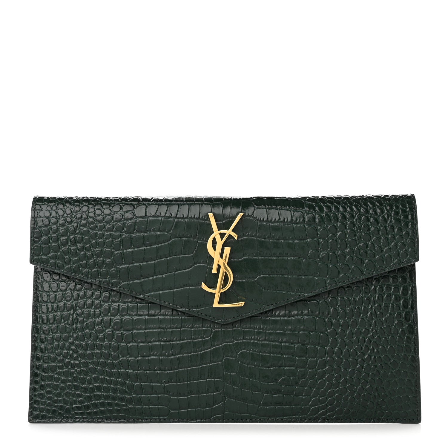 Saint Laurent Calfskin Crocodile Embossed Uptown Monogram Clutch Dark Green 1 of 10