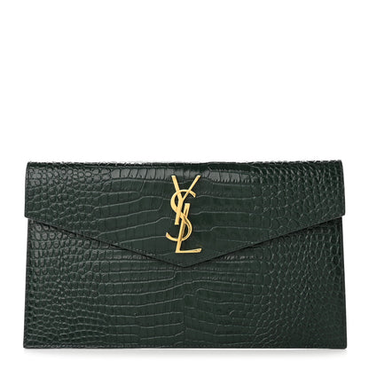 Saint Laurent Calfskin Crocodile Embossed Uptown Monogram Clutch Dark Green 1 of 10