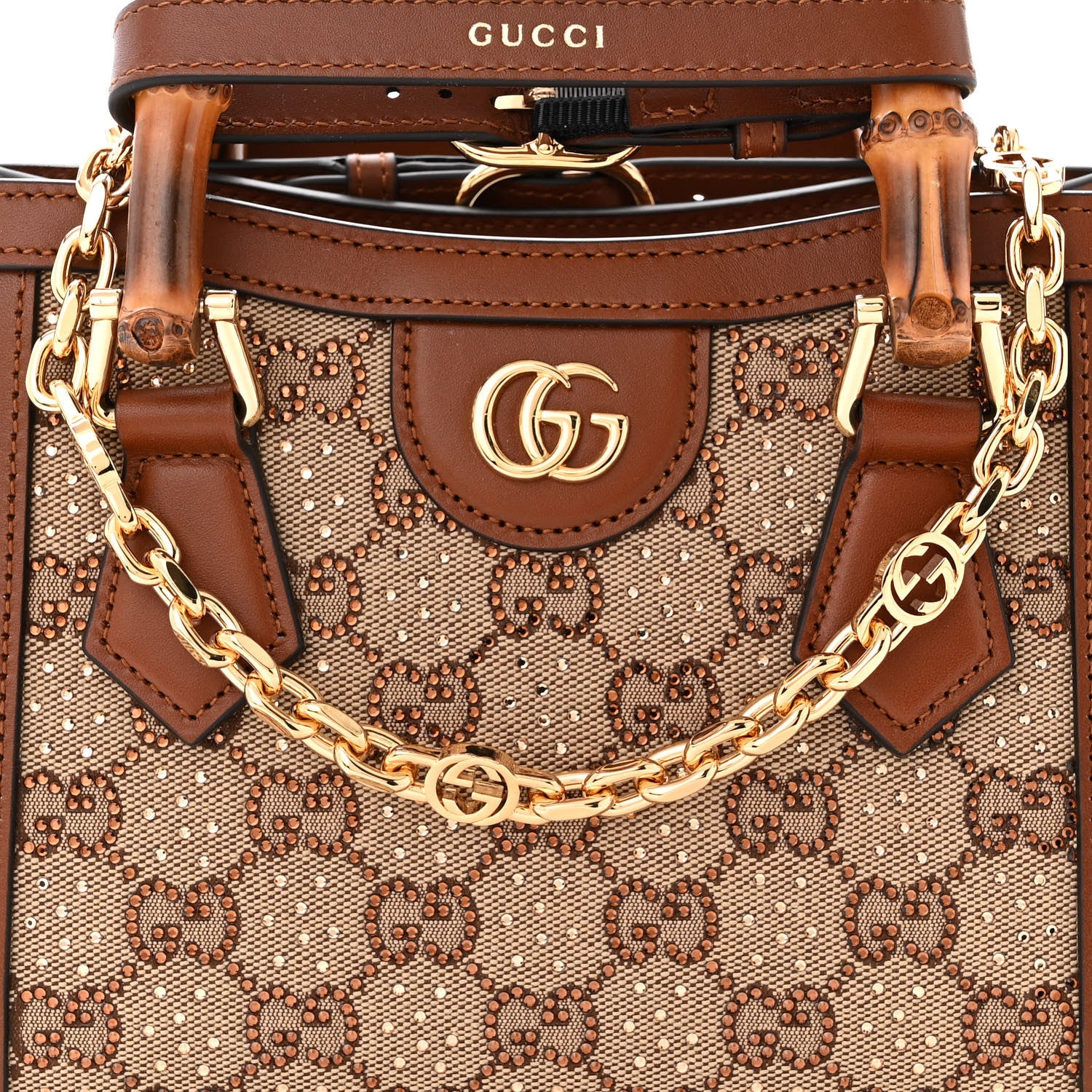Gucci New Canvas Charisma Calfskin Crystal GG Monogram Mini Diana Tote Bag Camel Ebony 7 of 10
