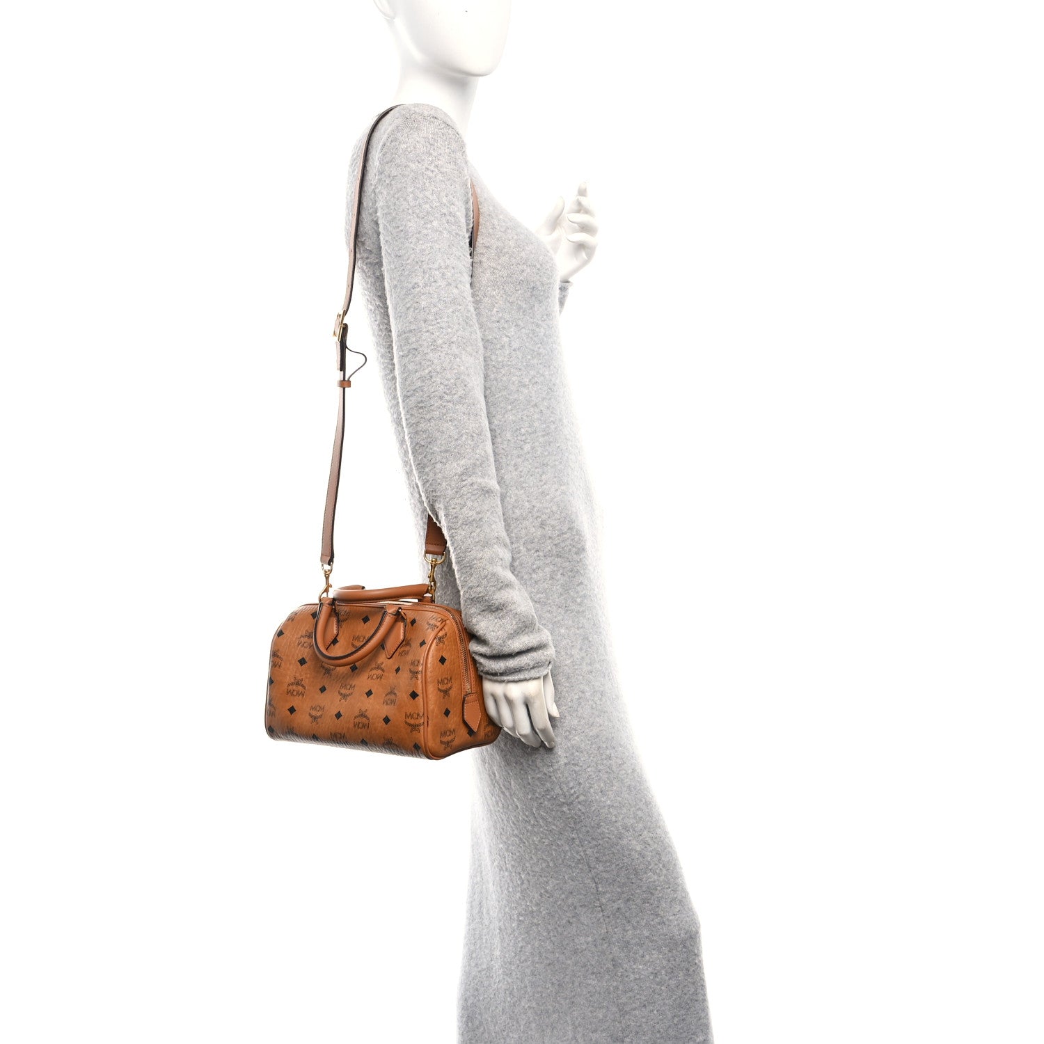 MCM ボストンバッグ ブラウン MCM Visetos Signature Leather Boston Bag Cognac