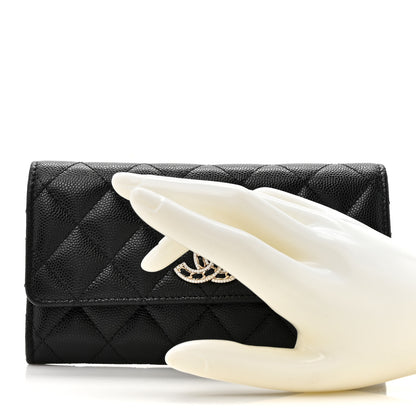 Chanel Caviar Quilted Crystal CC Large Gusset Flap Wallet Black 2 of 10