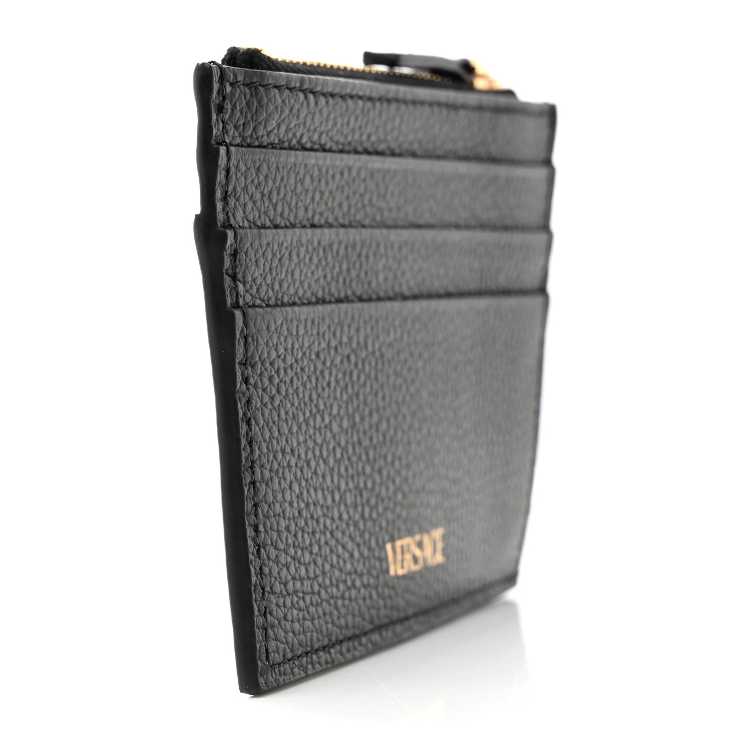 Grained Calfskin Virtus Zip Card Case Black