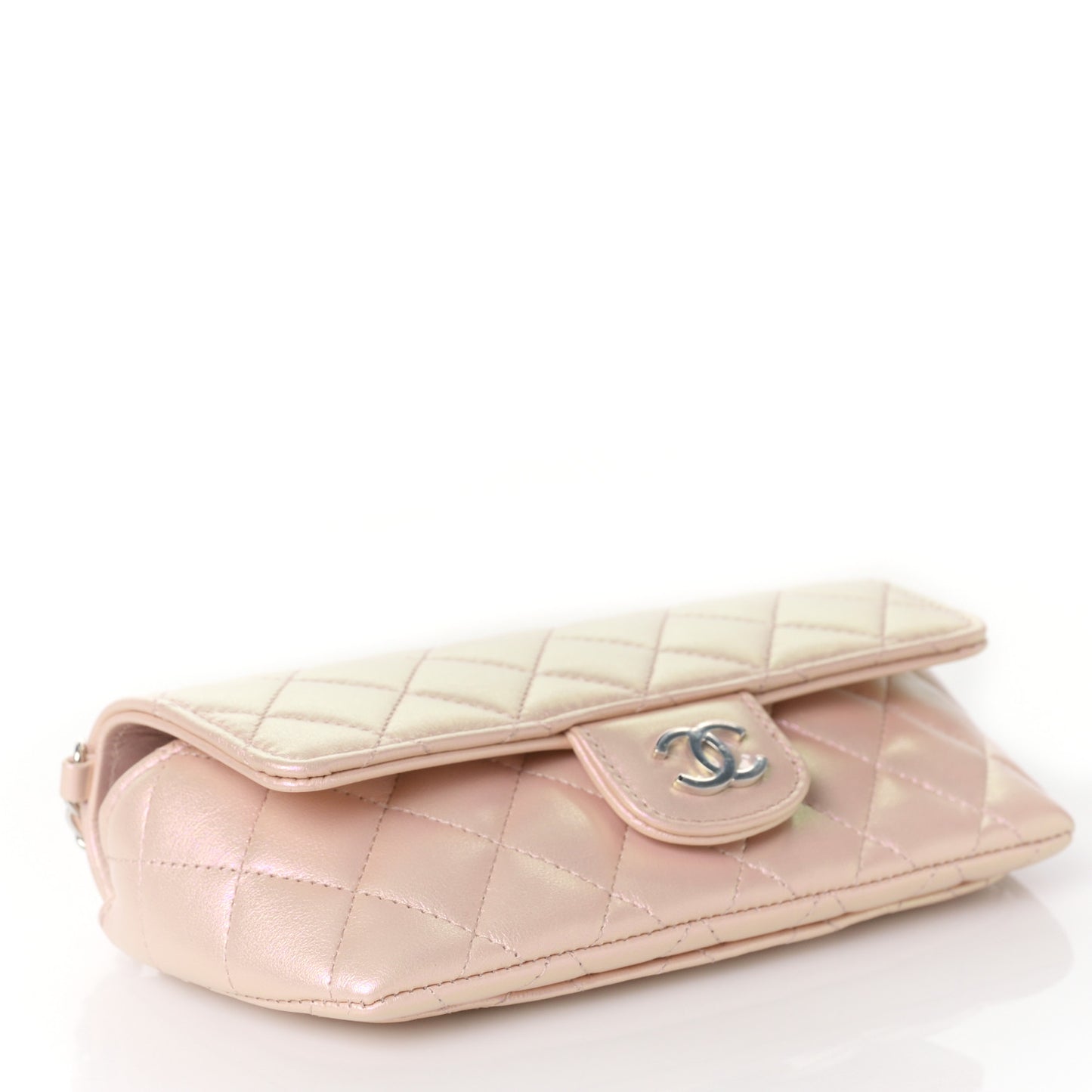 Iridescent Calfskin Quilted Glasses Case With Chain Pink