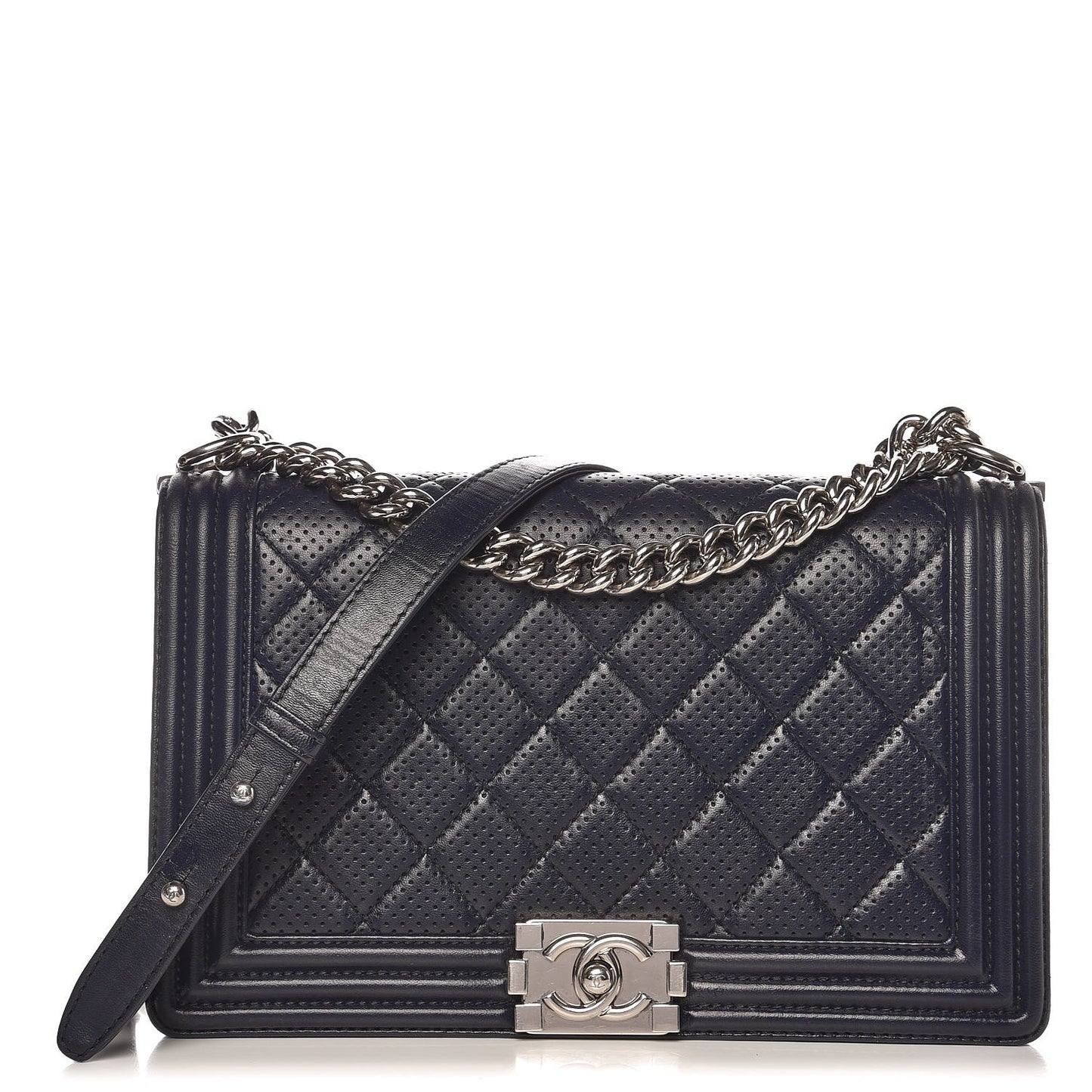 Perforated Lambskin Quilted New Medium Boy Flap Navy