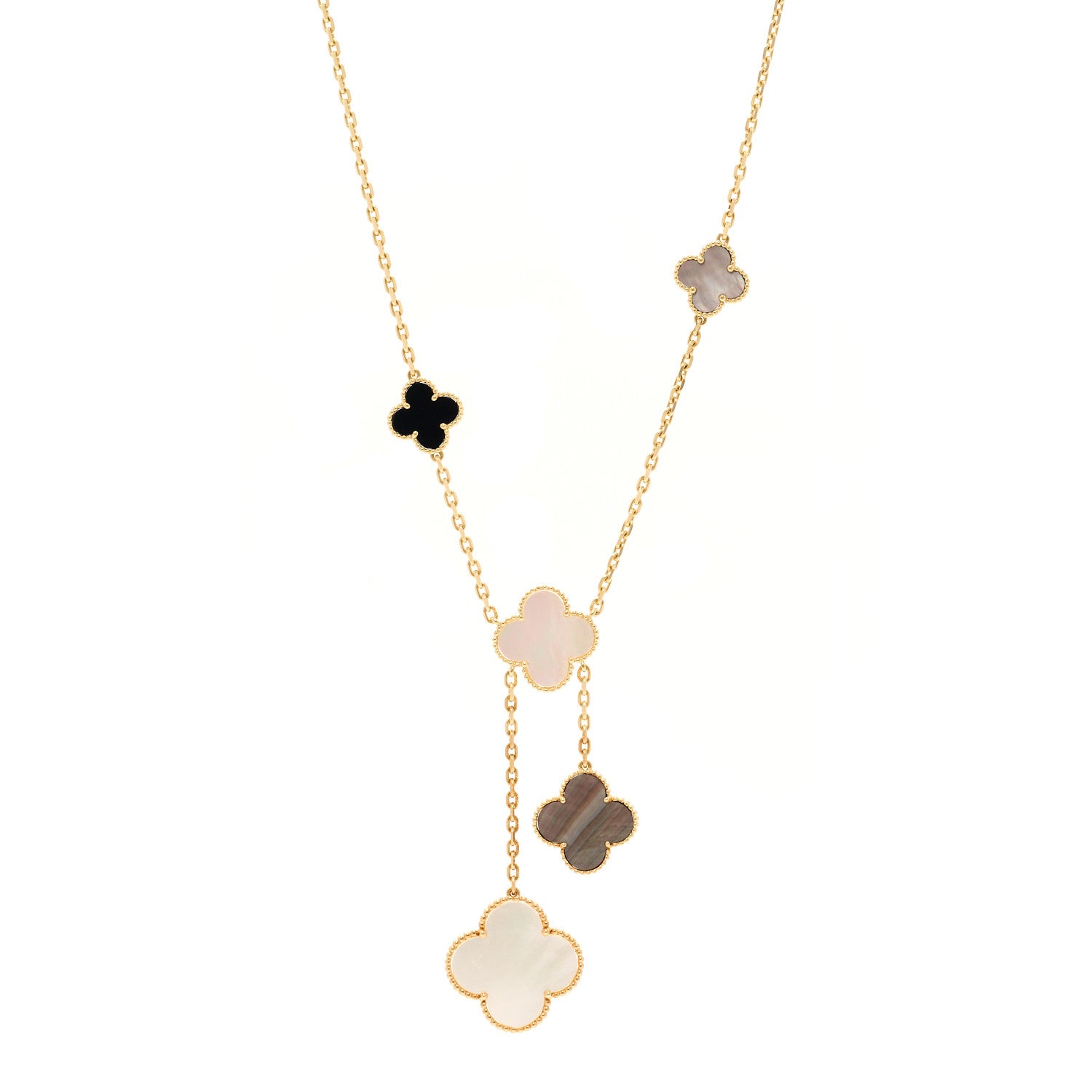 Van Cleef & Arpels 18K Yellow Gold Mother of Pearl Onyx 6 Motifs Magic Alhambra Necklace 1 of 5