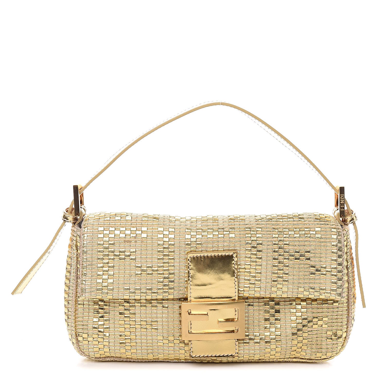 Fendi Canvas Metallic Calfskin Woven FF Baguette Gold 1 of 14