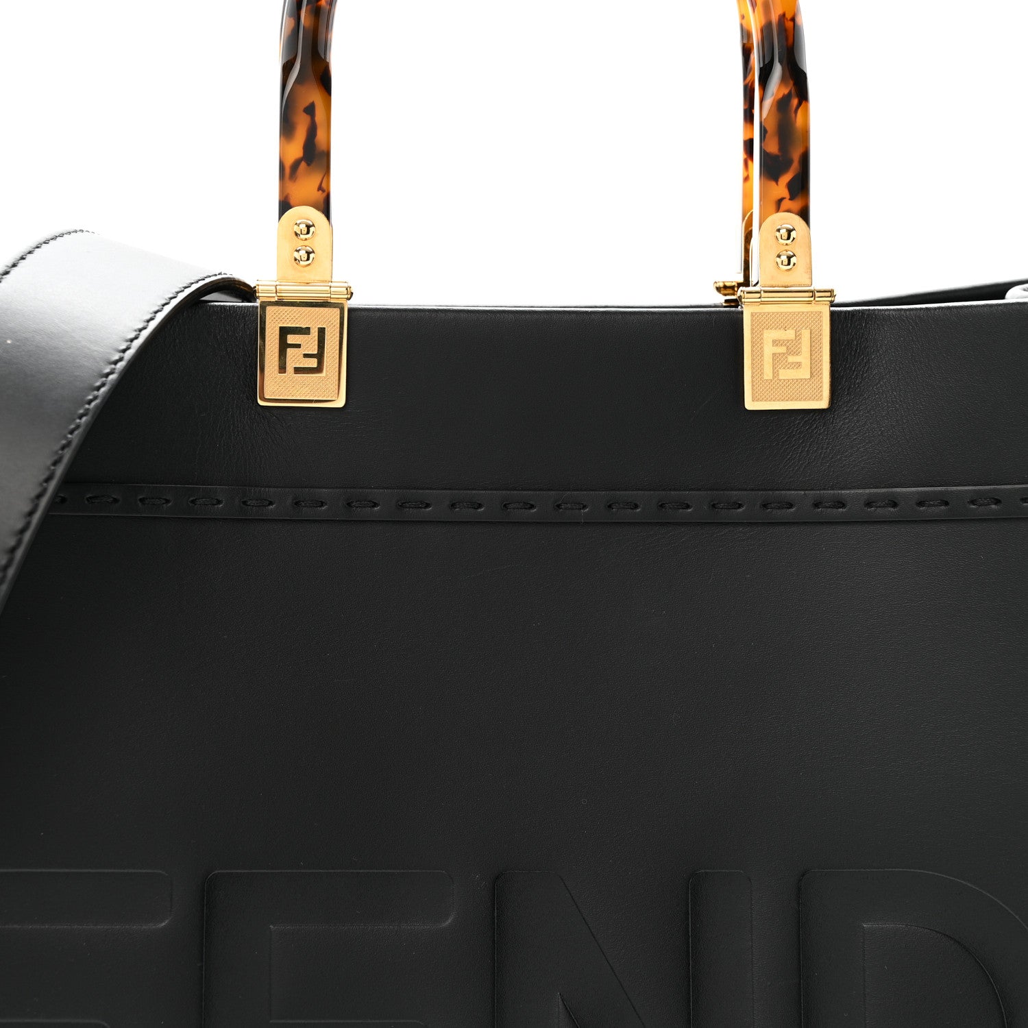 Fendi Vitello King Plexiglass Logo Embossed Medium Fendi Sunshine Shopper Tote Black 7 of 12