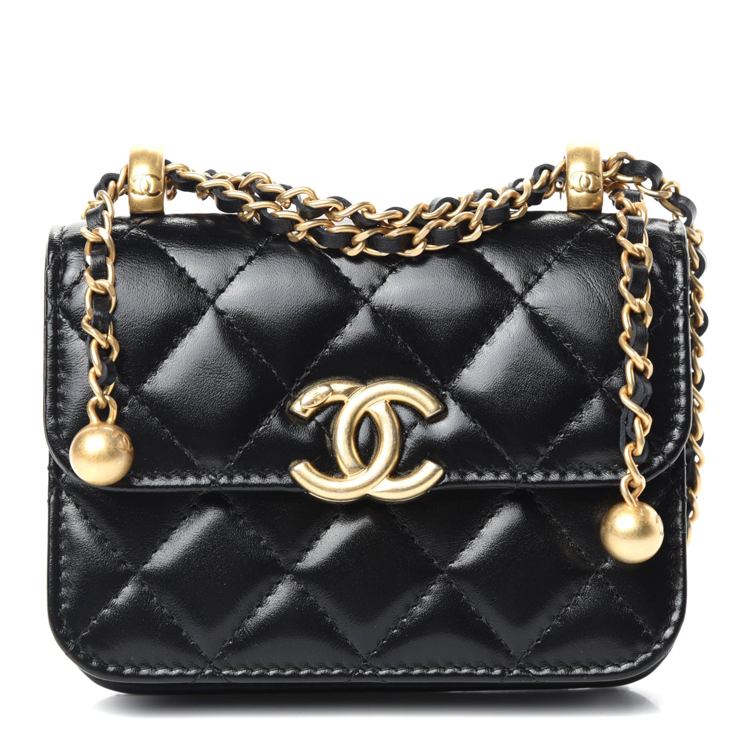 Calfskin Quilted Perfect Fit Coin Purse With Chain Black