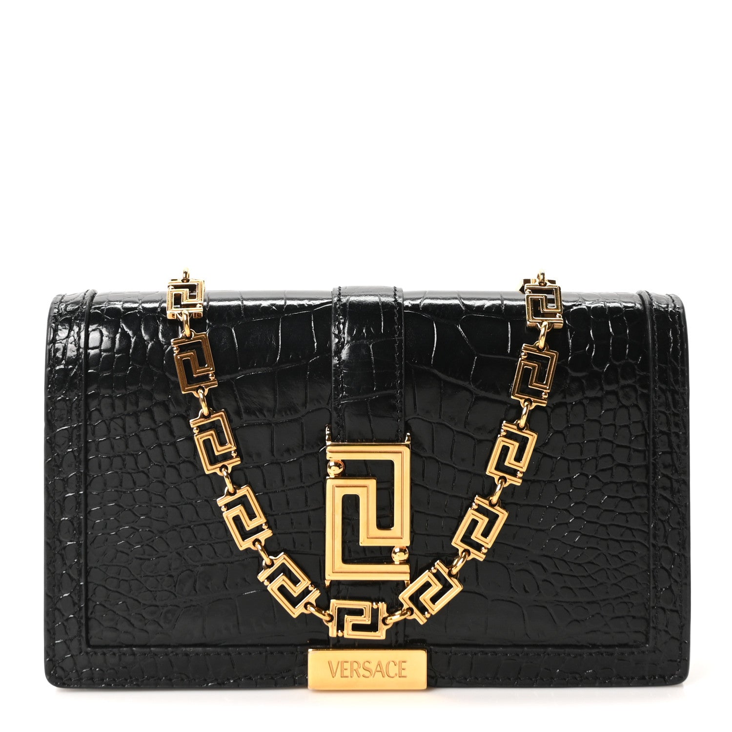 Versace Crocodile Embossed Calfskin Greca Goddess Wallet On Chain Black 1 of 9