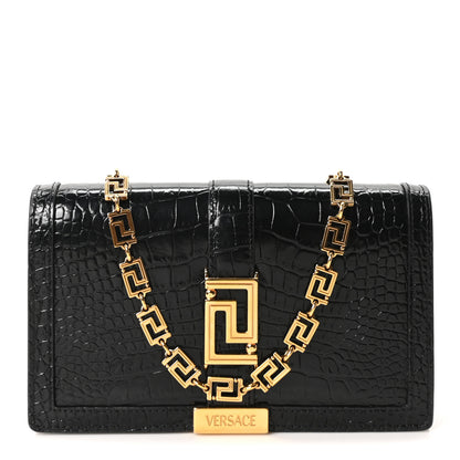 Versace Crocodile Embossed Calfskin Greca Goddess Wallet On Chain Black 1 of 9