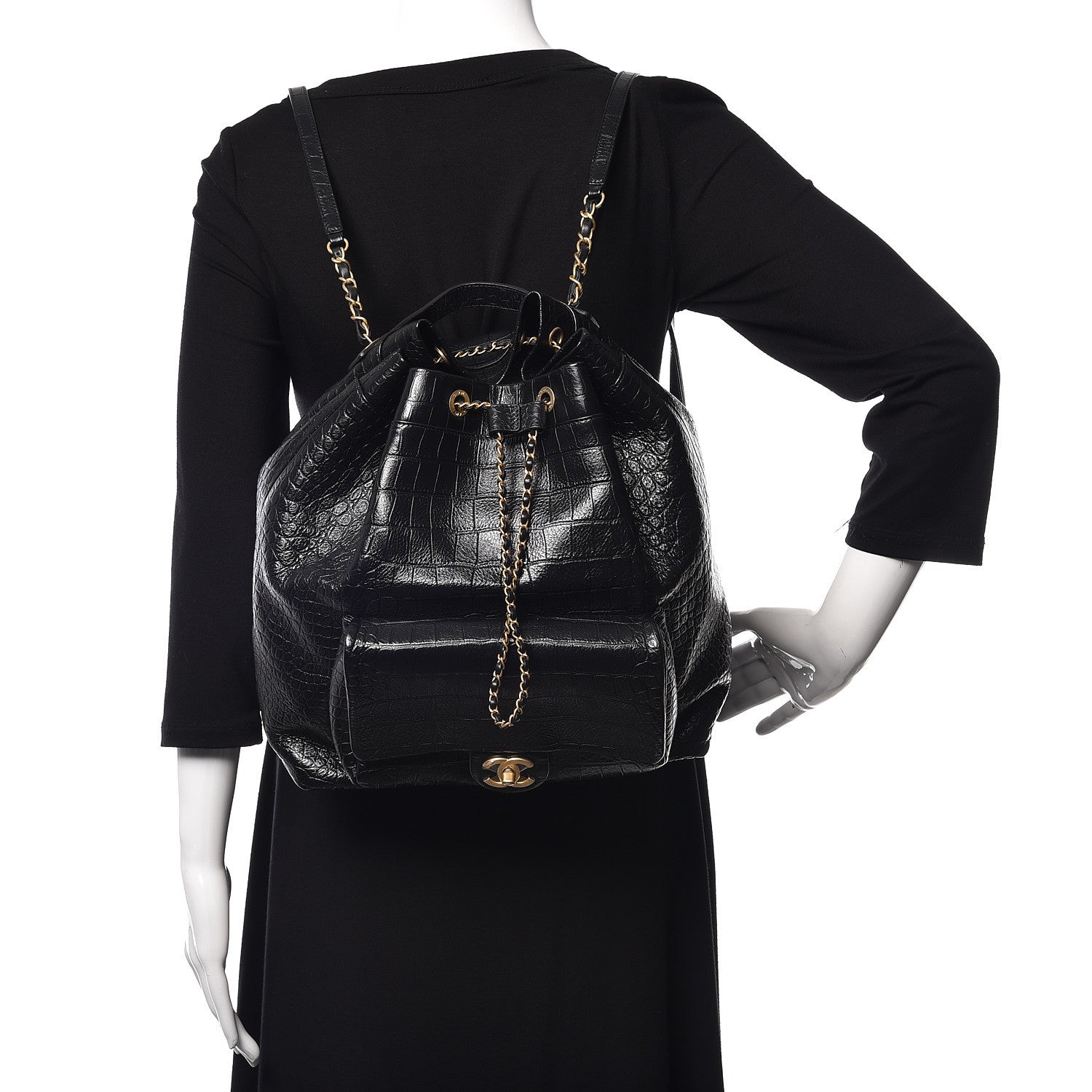 Chanel Calfskin Crocodile Embossed Large Backpack Black 2 of 9