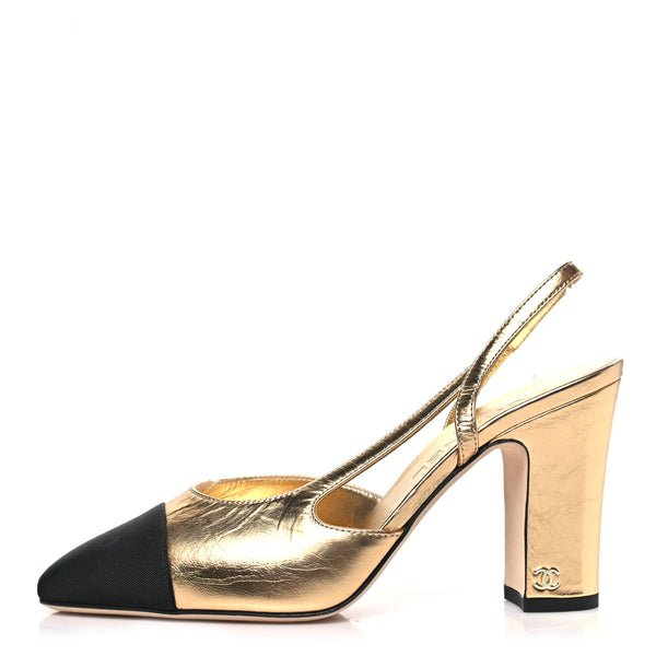 Chanel Laminated Crumpled Lambskin Grosgrain Cap Toe CC Slingback