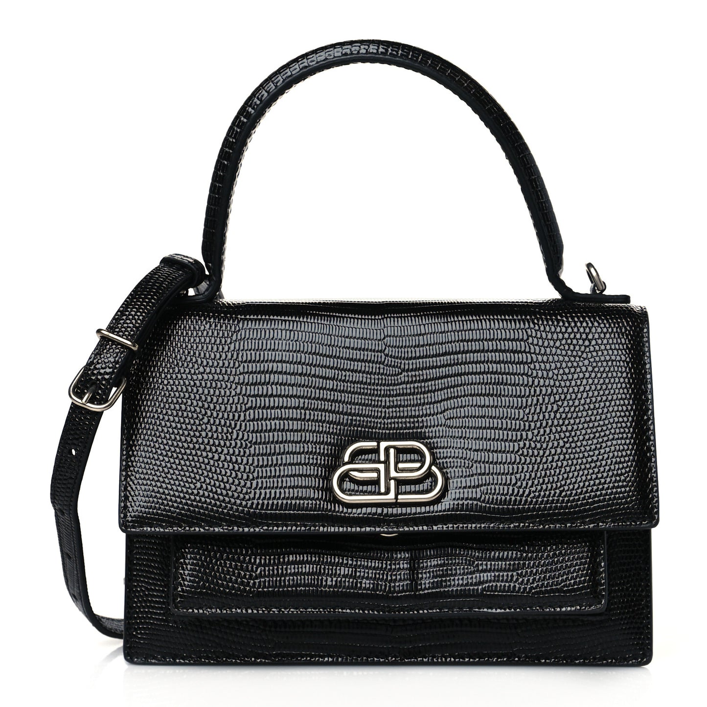Patent Calfskin Lizard Embossed XS Sharp Top Handle Bag Black