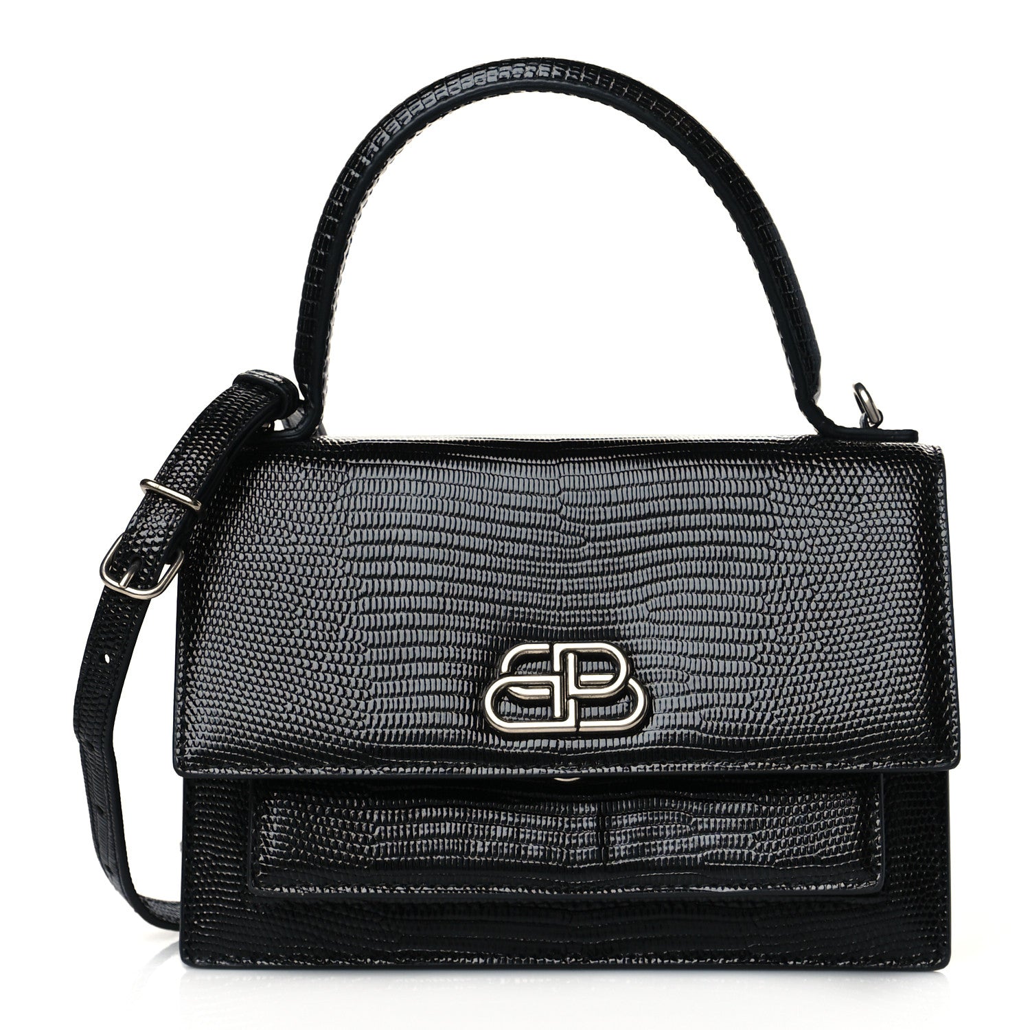 Balenciaga Patent Calfskin Lizard Embossed XS Sharp Top Handle Bag Black 1 of 10
