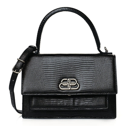 Balenciaga Patent Calfskin Lizard Embossed XS Sharp Top Handle Bag Black 1 of 10