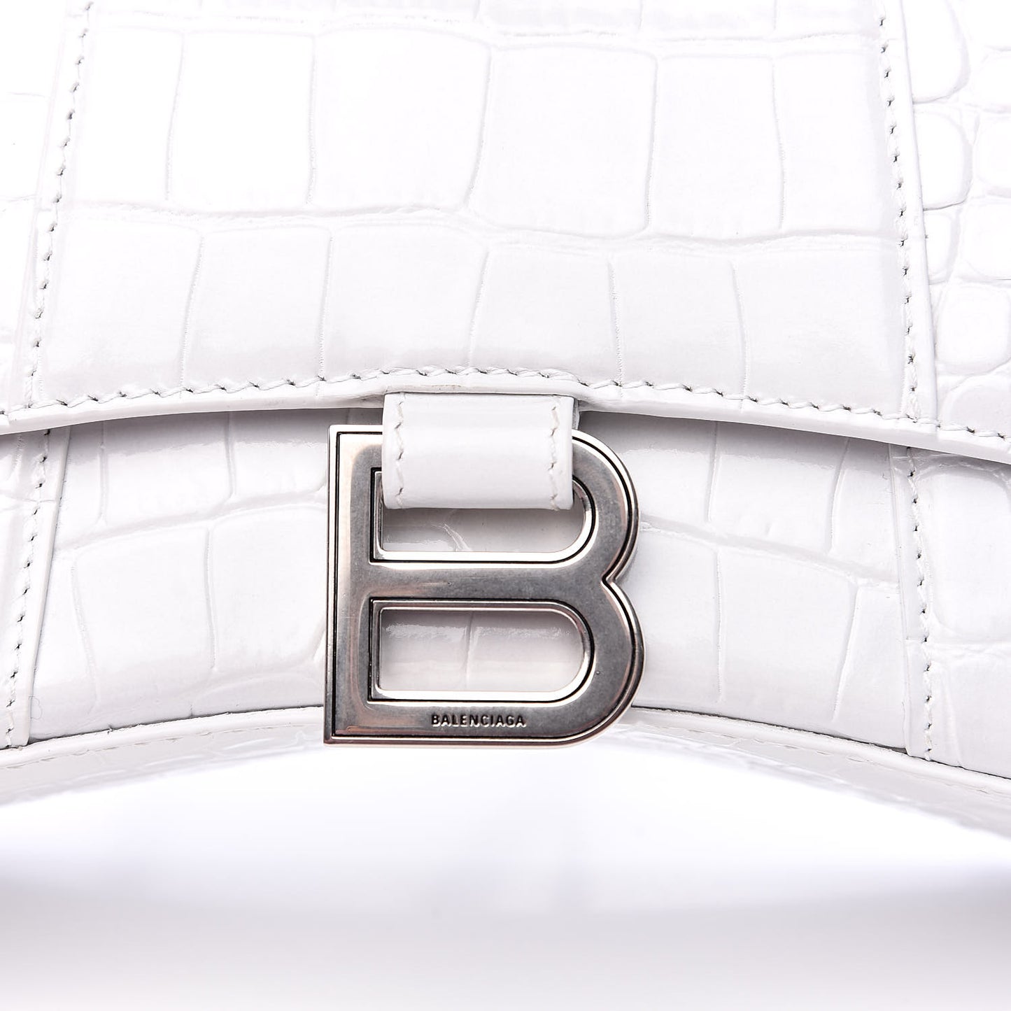 Shiny Calfskin Crocodile Embossed Hourglass Top Handle Bag XS White
