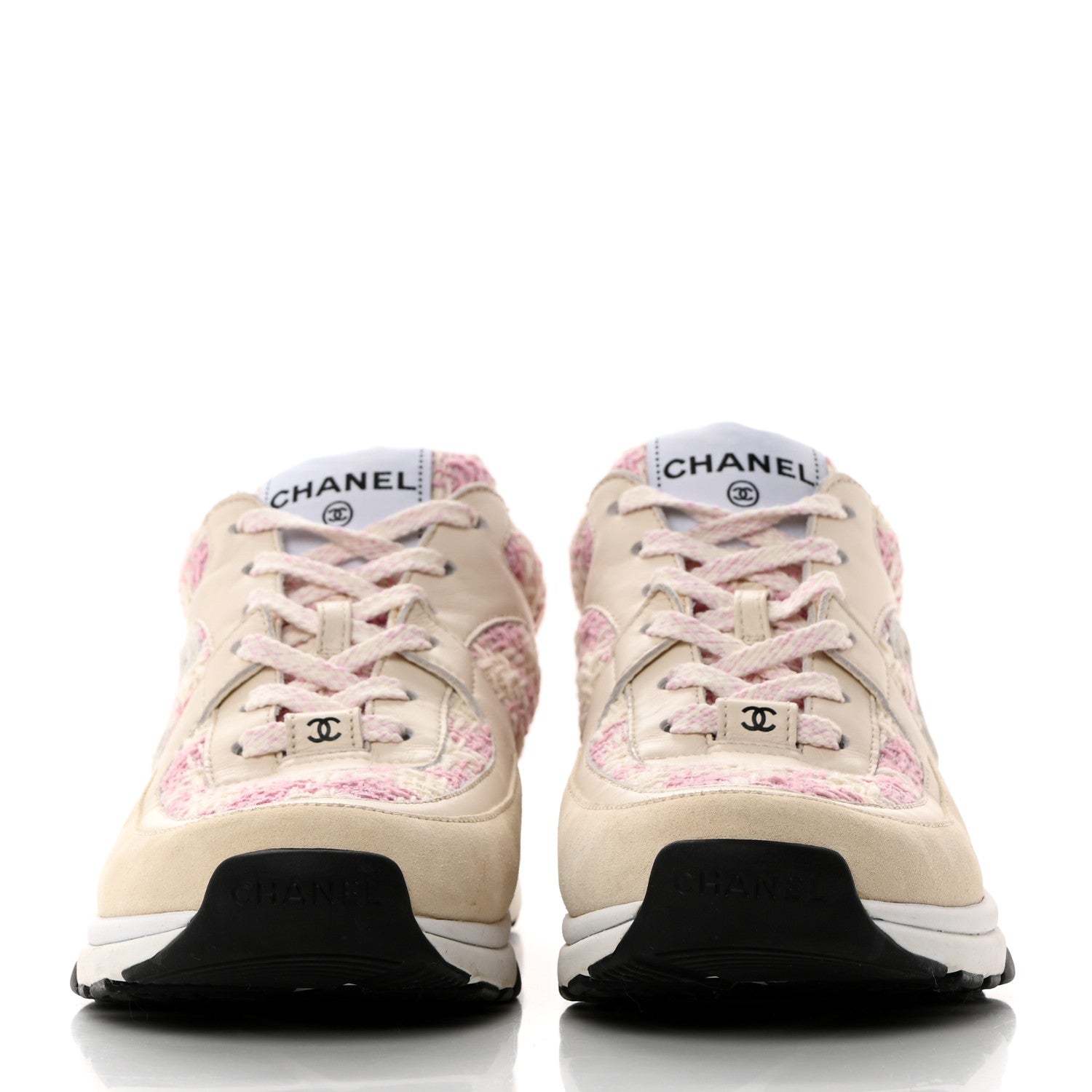Chanel Tweed Suede Calfskin Womens CC Sneakers 39 Pink Ecru 2 of 9