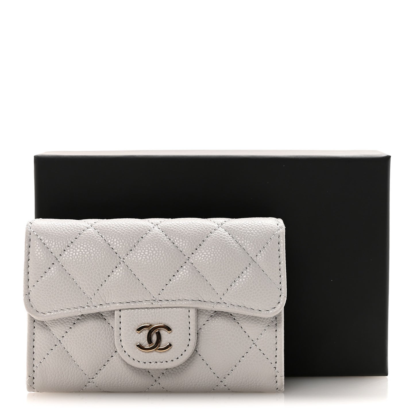Caviar Quilted Flap Card Holder Wallet Light Grey