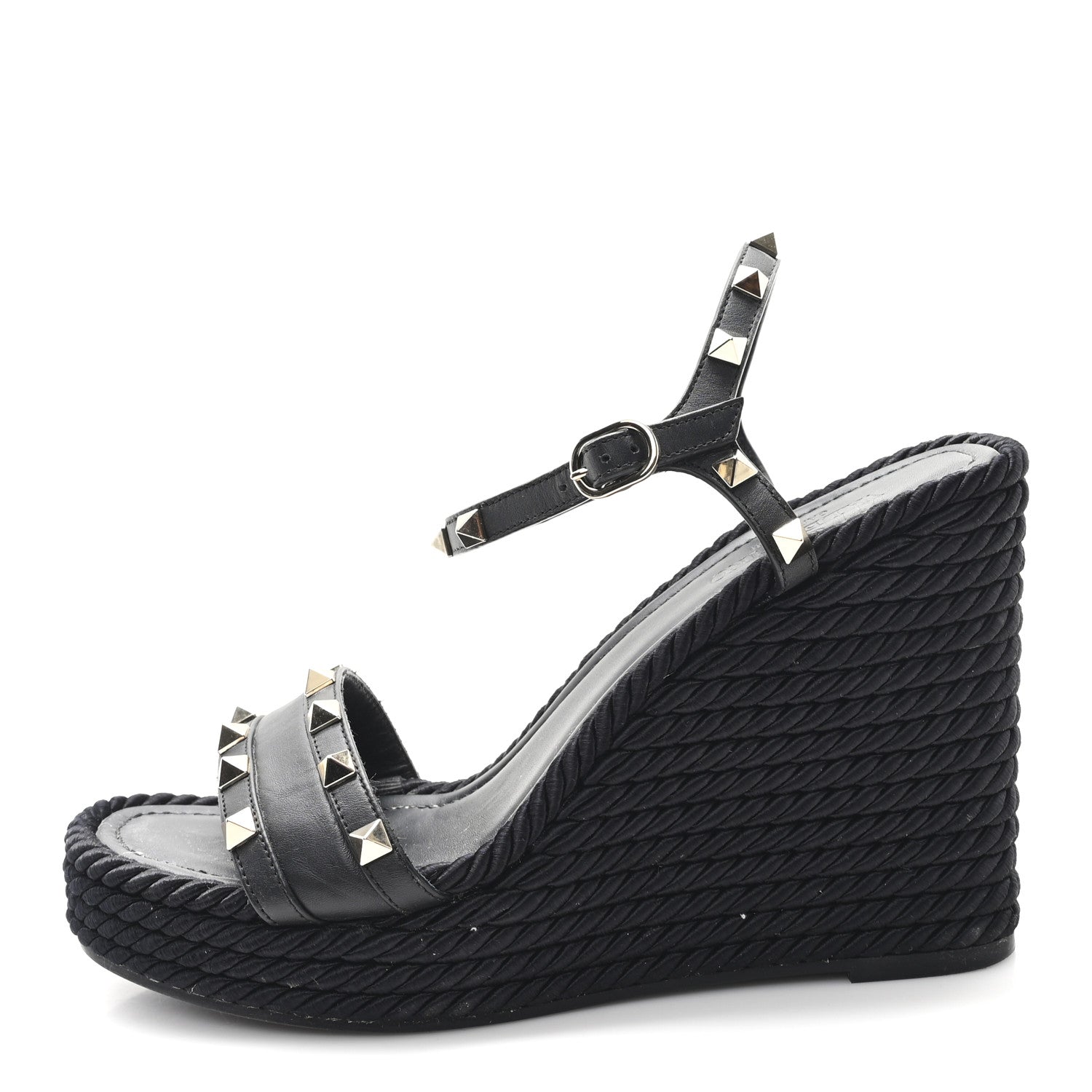 Valentino Garavani Calfskin Rockstud Ankle Strap Torchon Espadrille Caged 25/95mm Wedge Sandals 39 Black 1 of 9