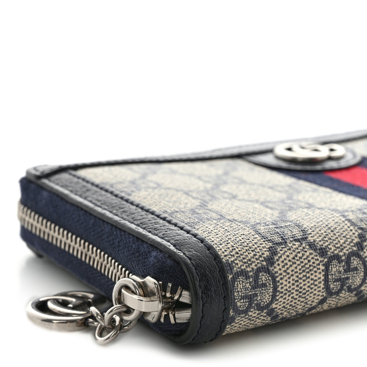 GG Supreme Monogram Textured Dollar Calfskin Web Ophidia Zip Around Wallet Beige Blue