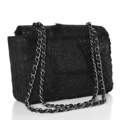 Chanel Tweed Faux Fur Patchwork Jumbo Single Flap Black 4 of 10
