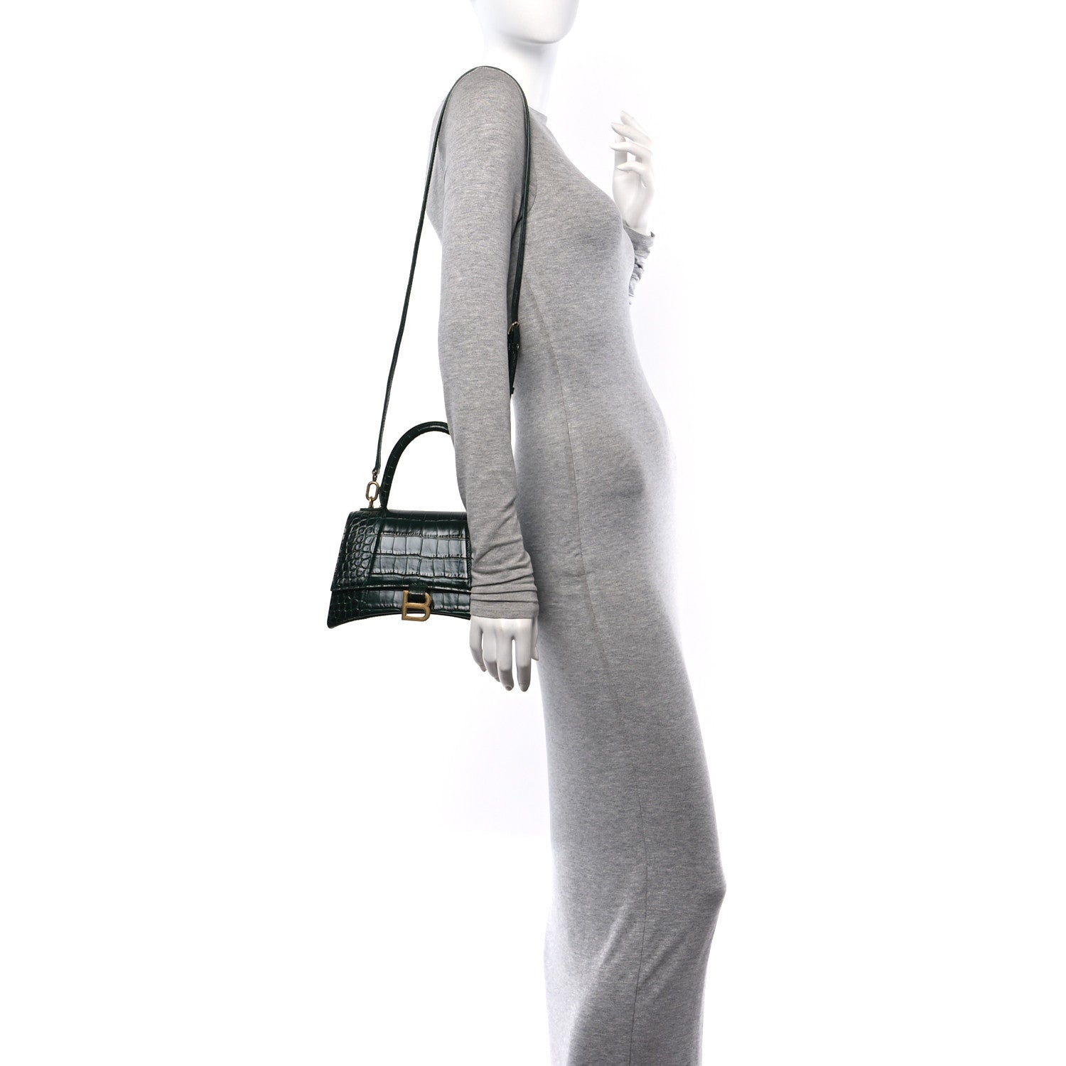 Balenciaga Shiny Calfskin Crocodile Embossed Small Hourglass Top Handle Bag Forest Green 2 of 11