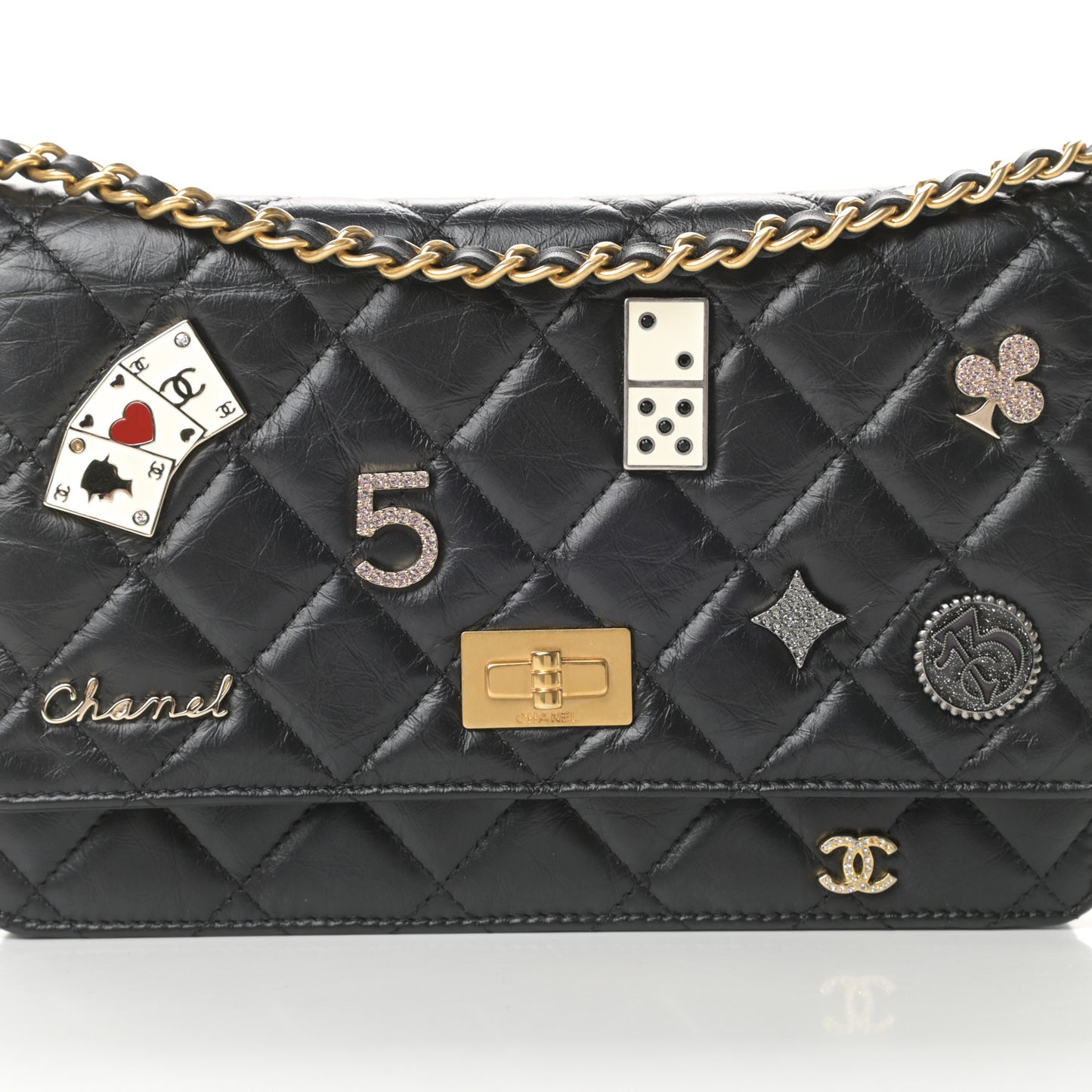 Aged Calfskin Quilted Lucky Charms Casino 2.55 Reissue Wallet On Chain WOC Black