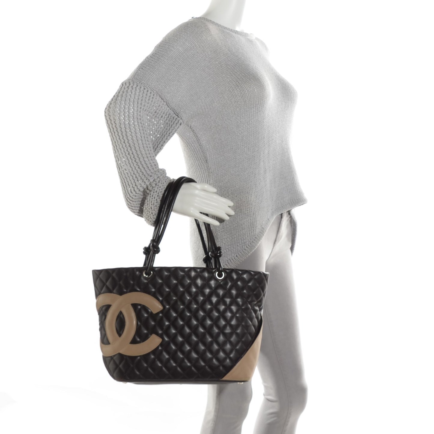 Calfskin Quilted Large Cambon Tote Brown Beige