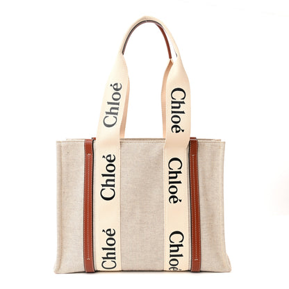 Chloe Cotton Calfskin Medium Woody Ribbon Tote White Brown 1 of 13