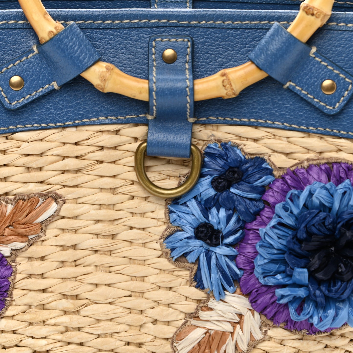 Calfskin Wicker Romantic Basket Bag Naturale Blue