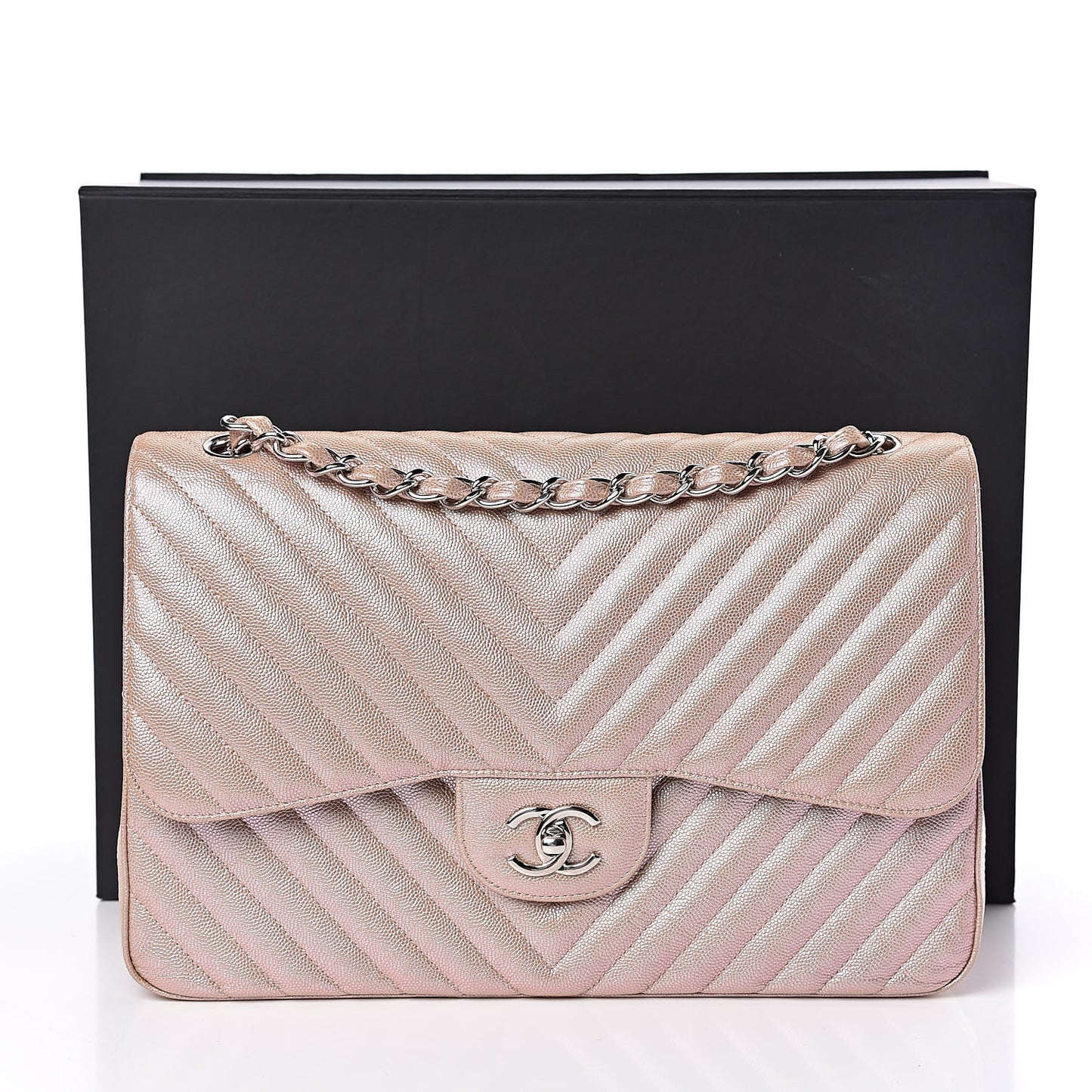 Metallic Caviar Chevron Quilted Jumbo Double Flap Light Gold