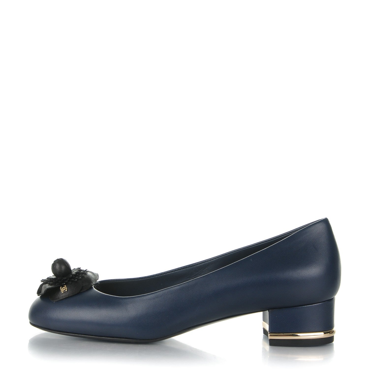 Chanel Lambskin Patent Calfskin Pearl Camellia Cap Toe Pumps 37 Dark Navy Blue 1 of 8