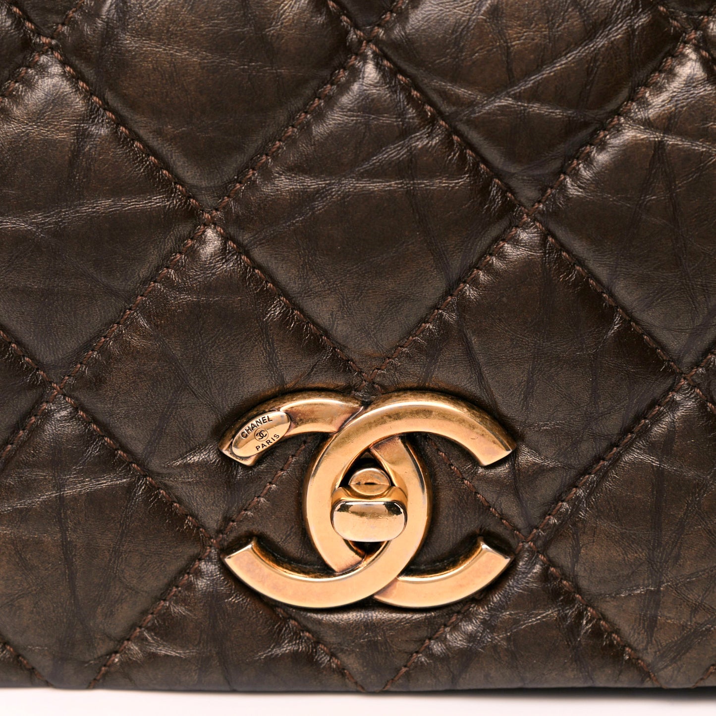 Aged Calfskin Quilted Large Pondichery Flap Dark Brown