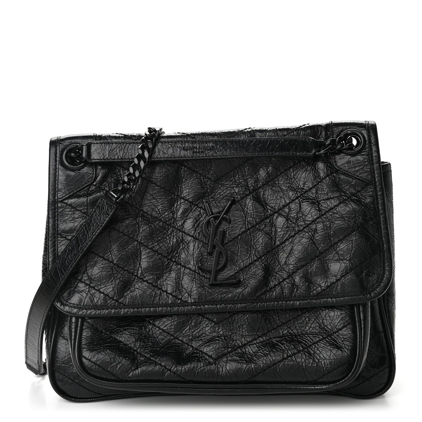 Crinkled Calfskin Matelasse Monogram Medium Niki Chain Satchel Black
