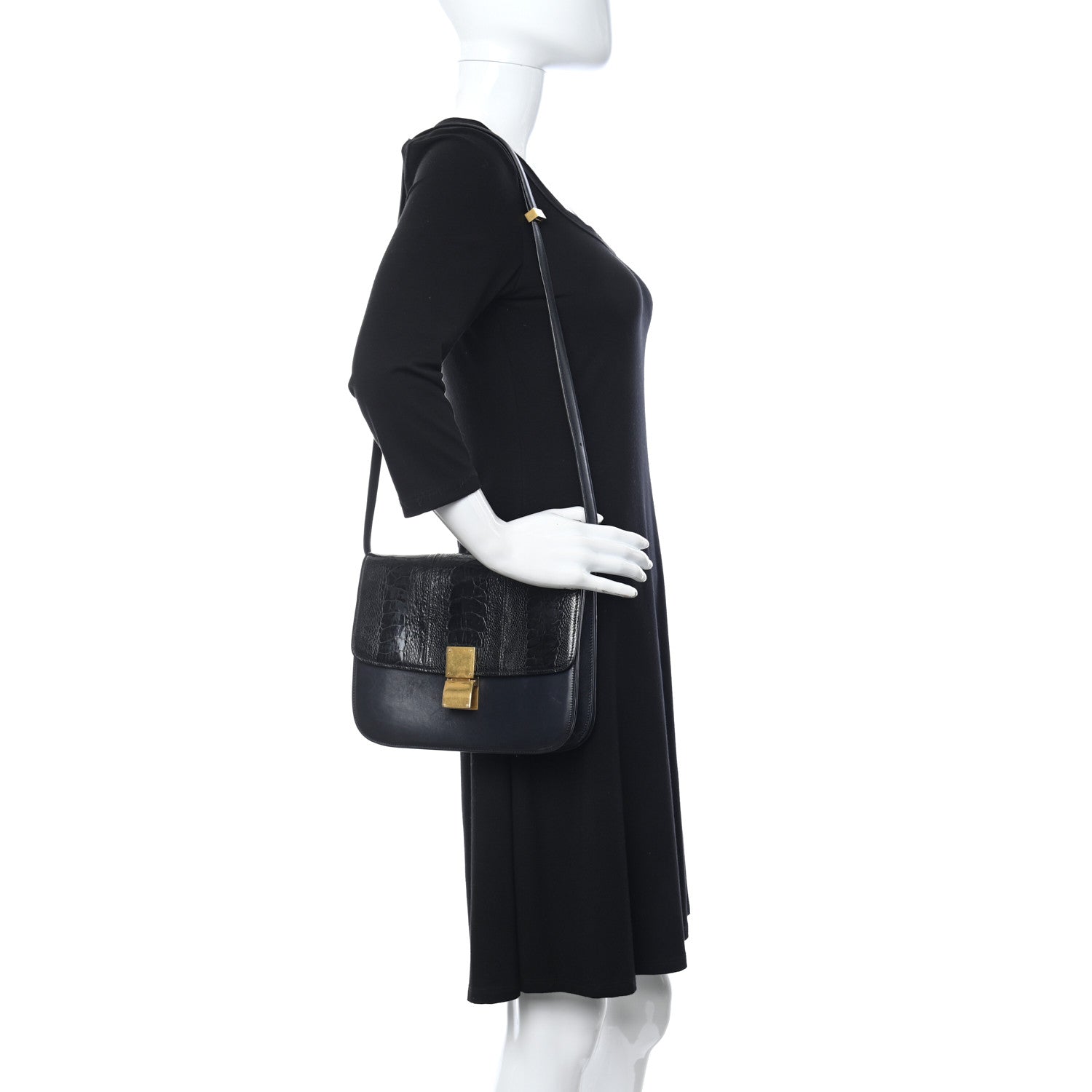 Celine Ostrich Leg Medium Classic Box Flap Bag Dark Blue 2 of 12