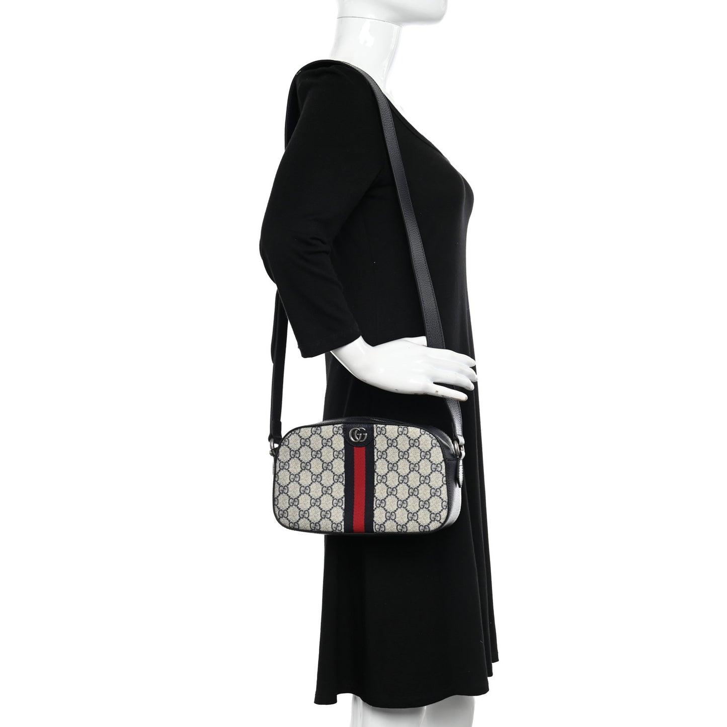 GG Supreme Monogram Textured Dollar Calfskin Web Small Ophidia Camera Bag Beige Blue