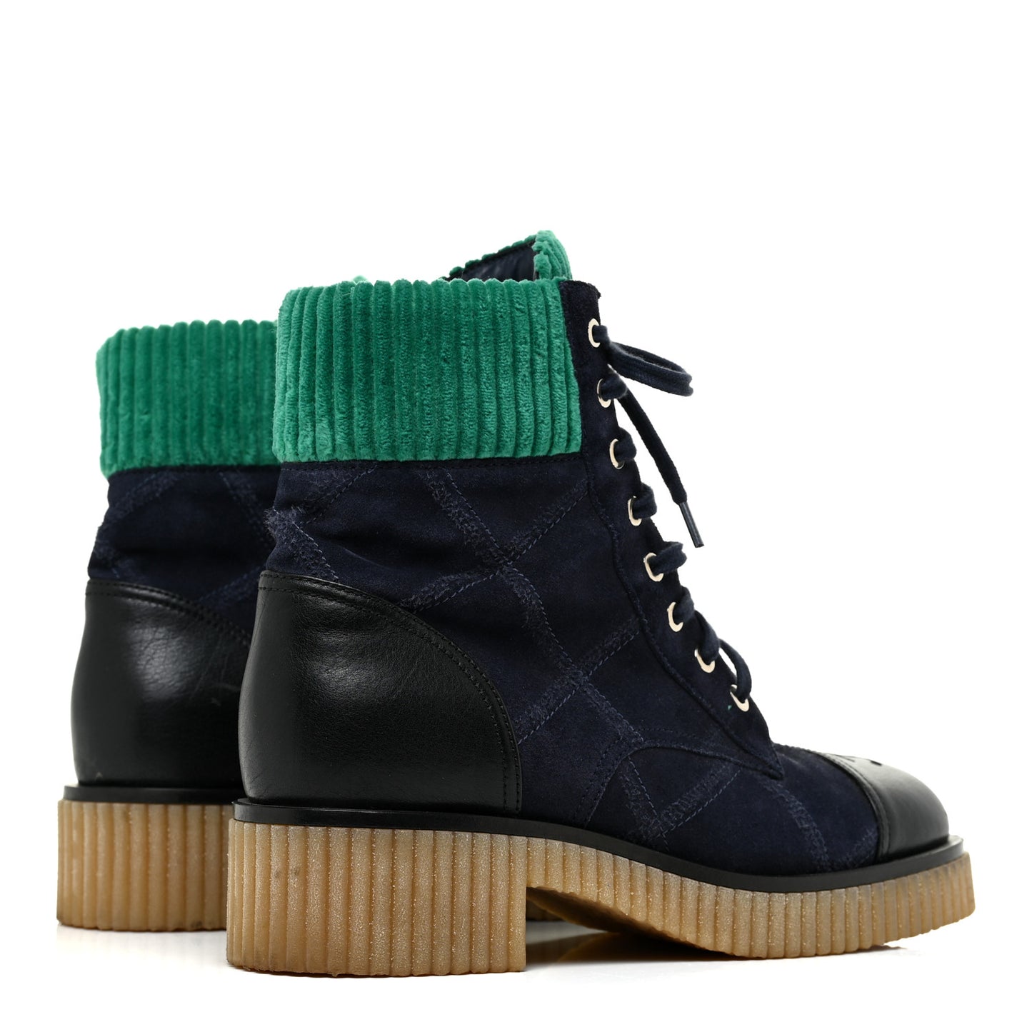 Suede Calfskin Velvet Quilted CC Combat Boots 38.5 Navy Green Black