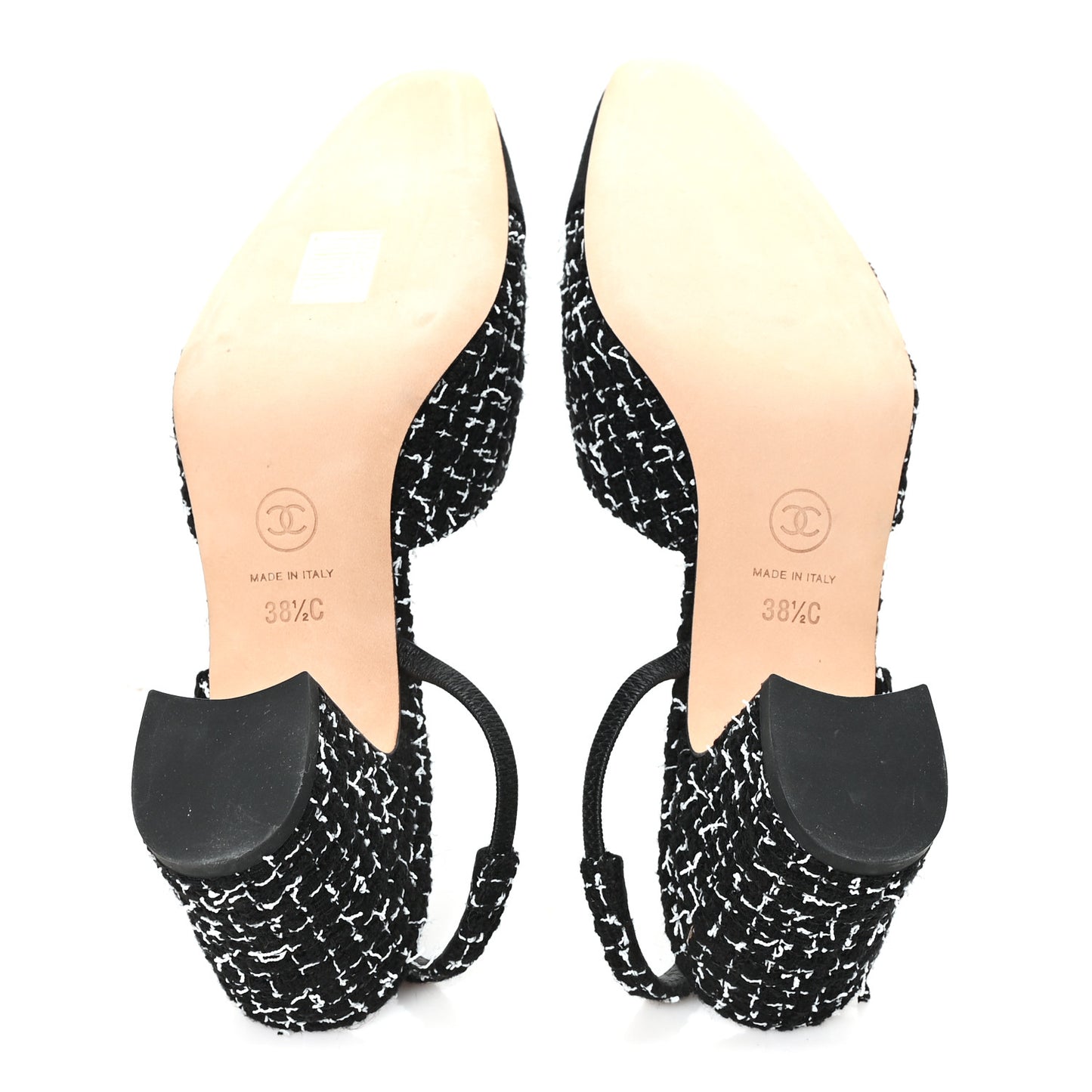 Tweed Grosgrain Cap Toe CC Slingback Pumps 38.5 Black White