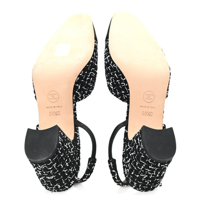 Chanel Tweed Grosgrain Cap Toe CC Slingback Pumps 38.5 Black White 6 of 10