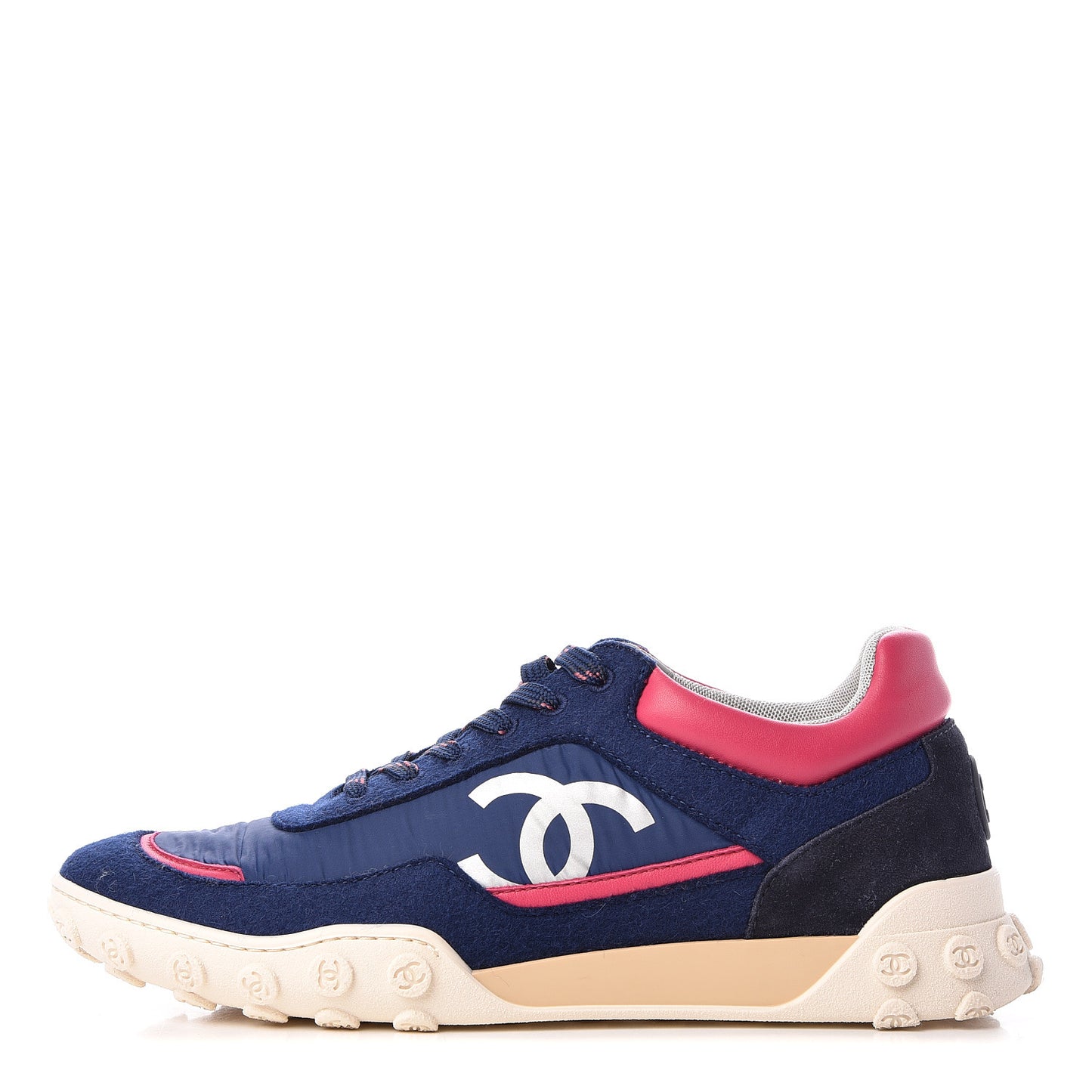 Wool Nylon Lambskin Suede Calfskin Womens Logo Sneakers 39.5 Navy Pink