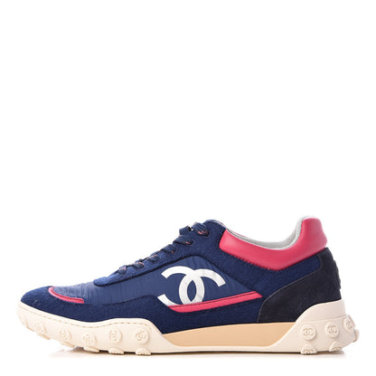 Chanel Wool Nylon Lambskin Suede Calfskin Womens Logo Sneakers 39.5 Navy Pink 1 of 9